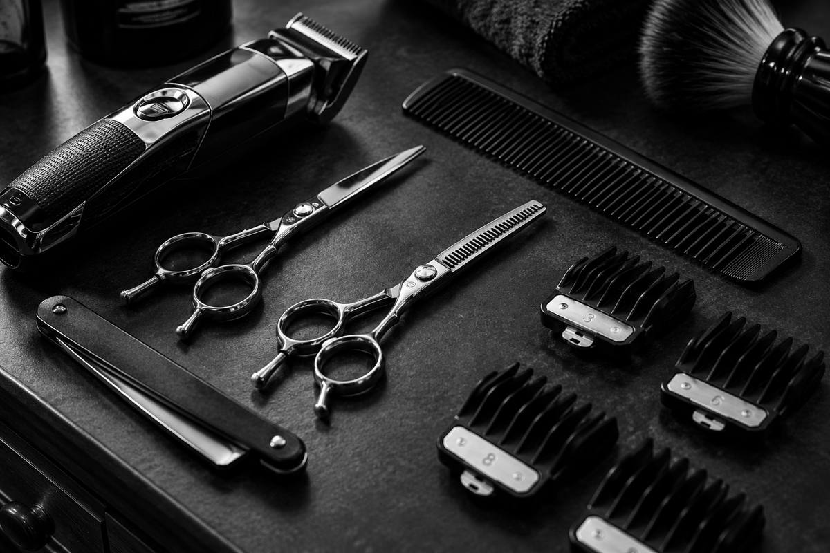 Clippers, shears, comb and clipper guards on the counter