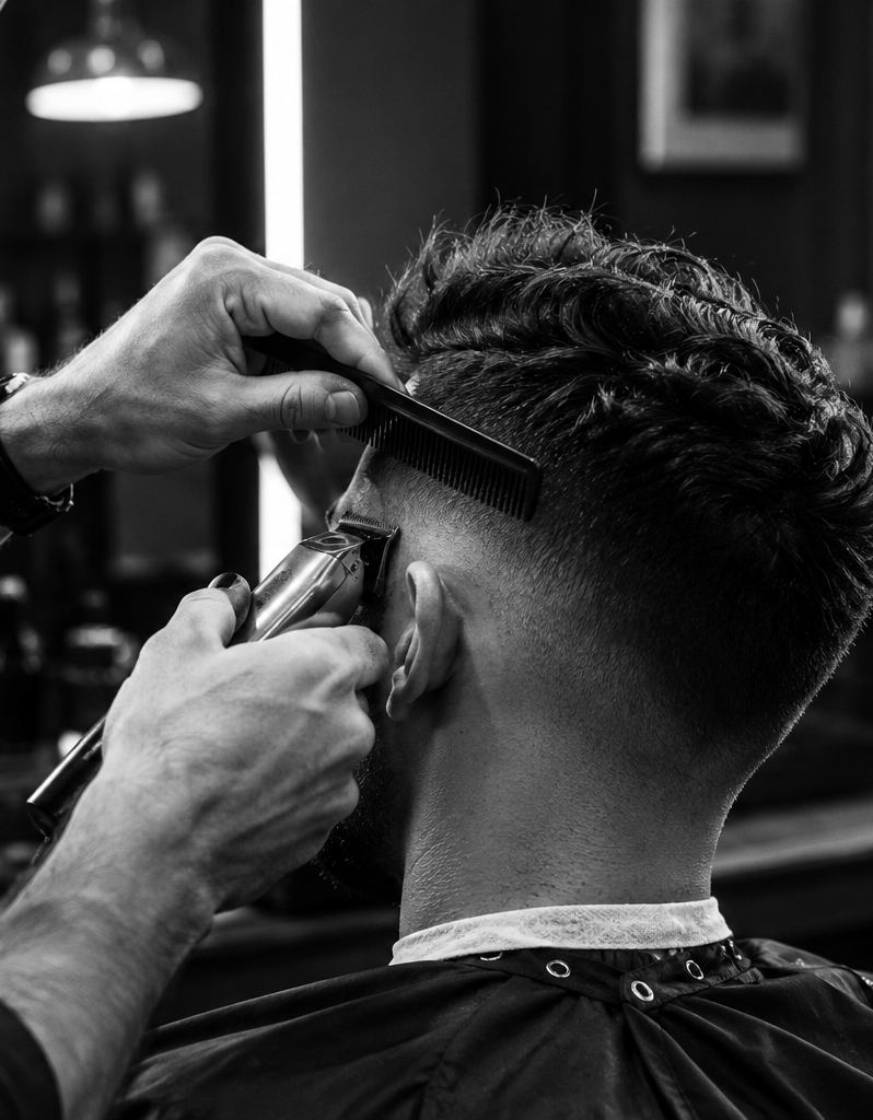 Barber blending a skin fade with clippers and a comb