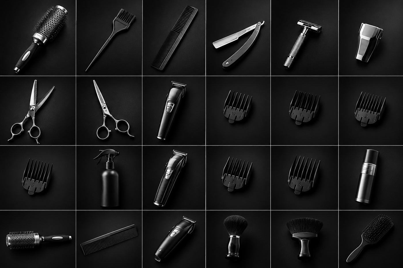 Grid of barber tools: brushes, combs, razors, clippers and guards