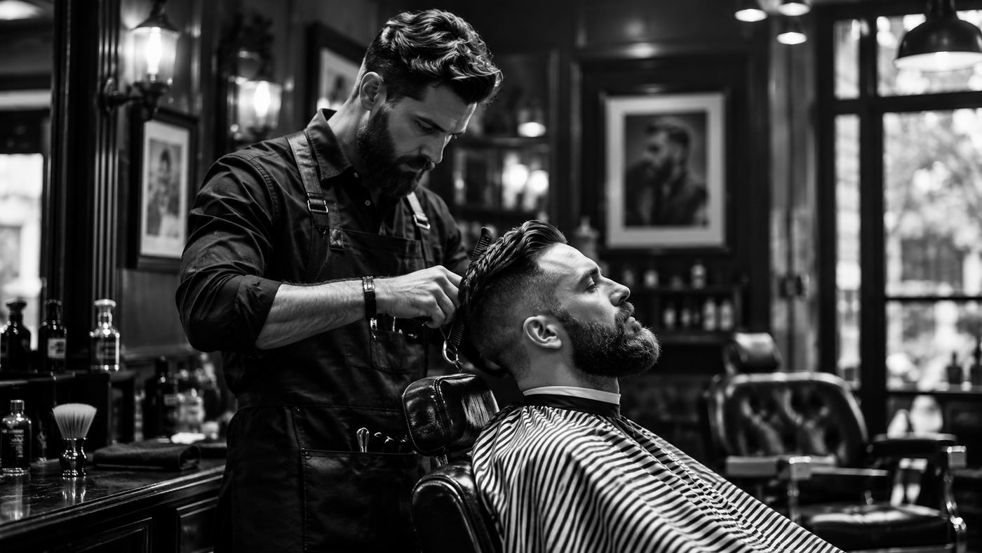 Barber styling a slick-back cut with tapered sides