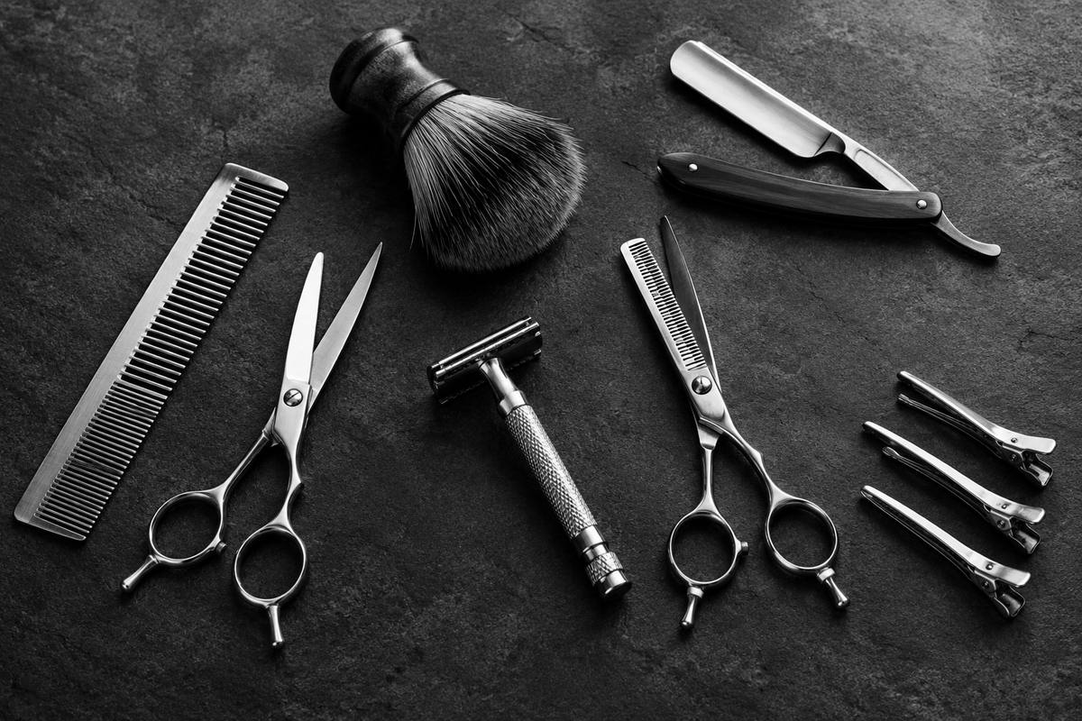 Straight razor, safety razor, shears and comb laid out on slate