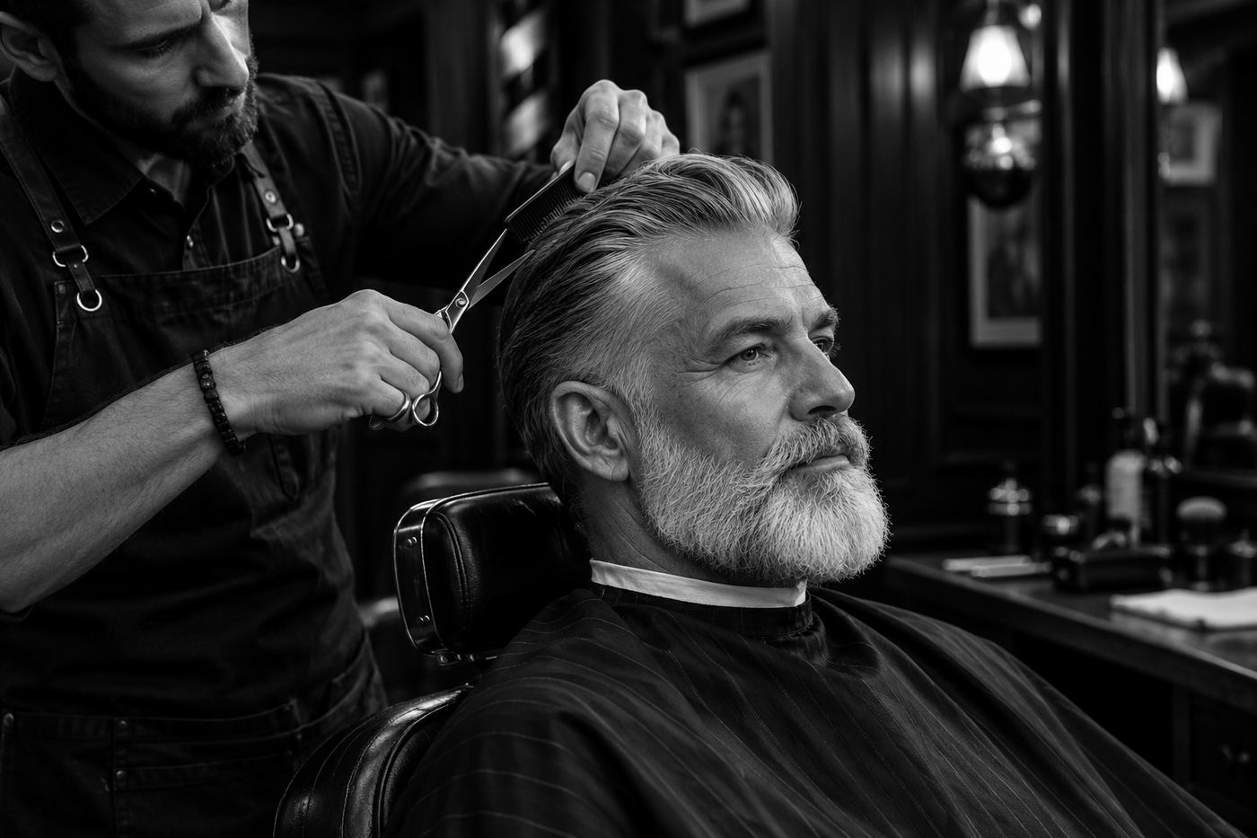 Scissor-over-comb cut on a client with a grey beard