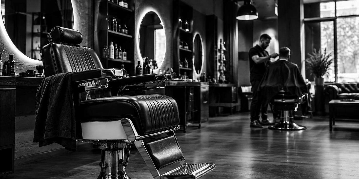 Inside the shop: barber chairs, round mirrors and a barber at work