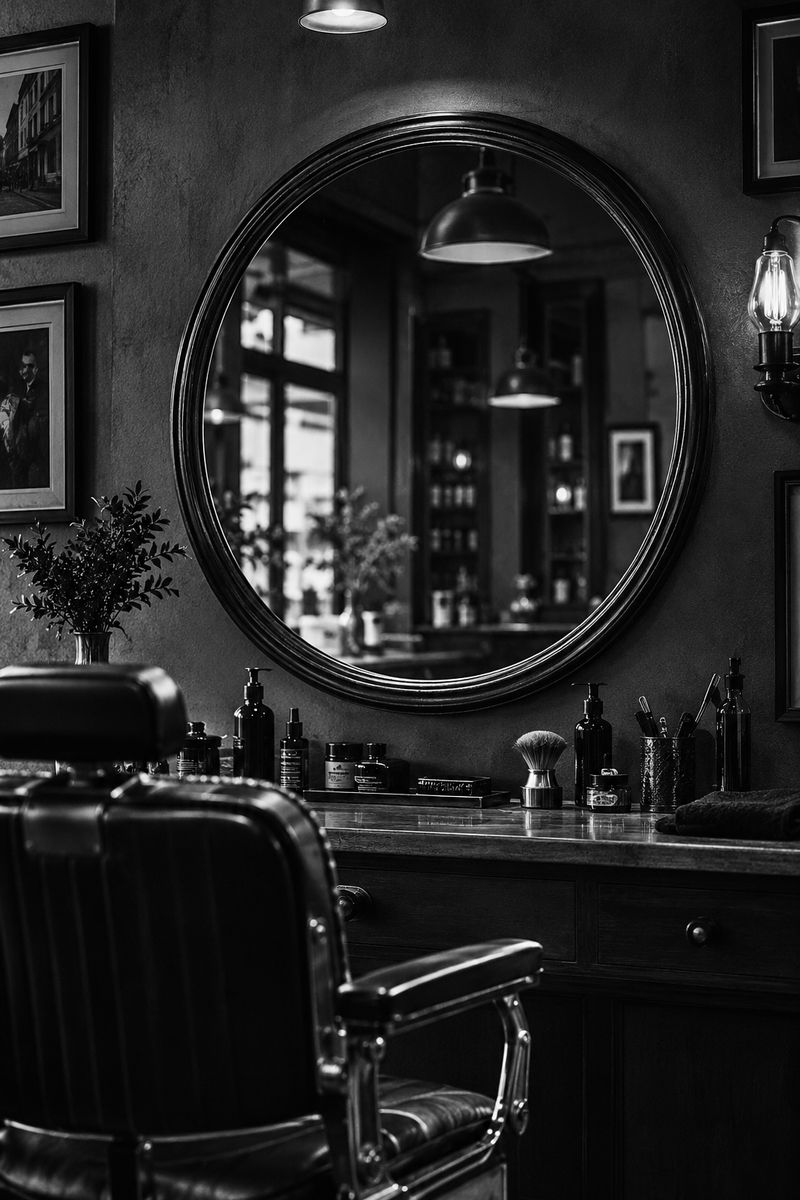 Barber chair facing a round mirror and grooming station in the shop